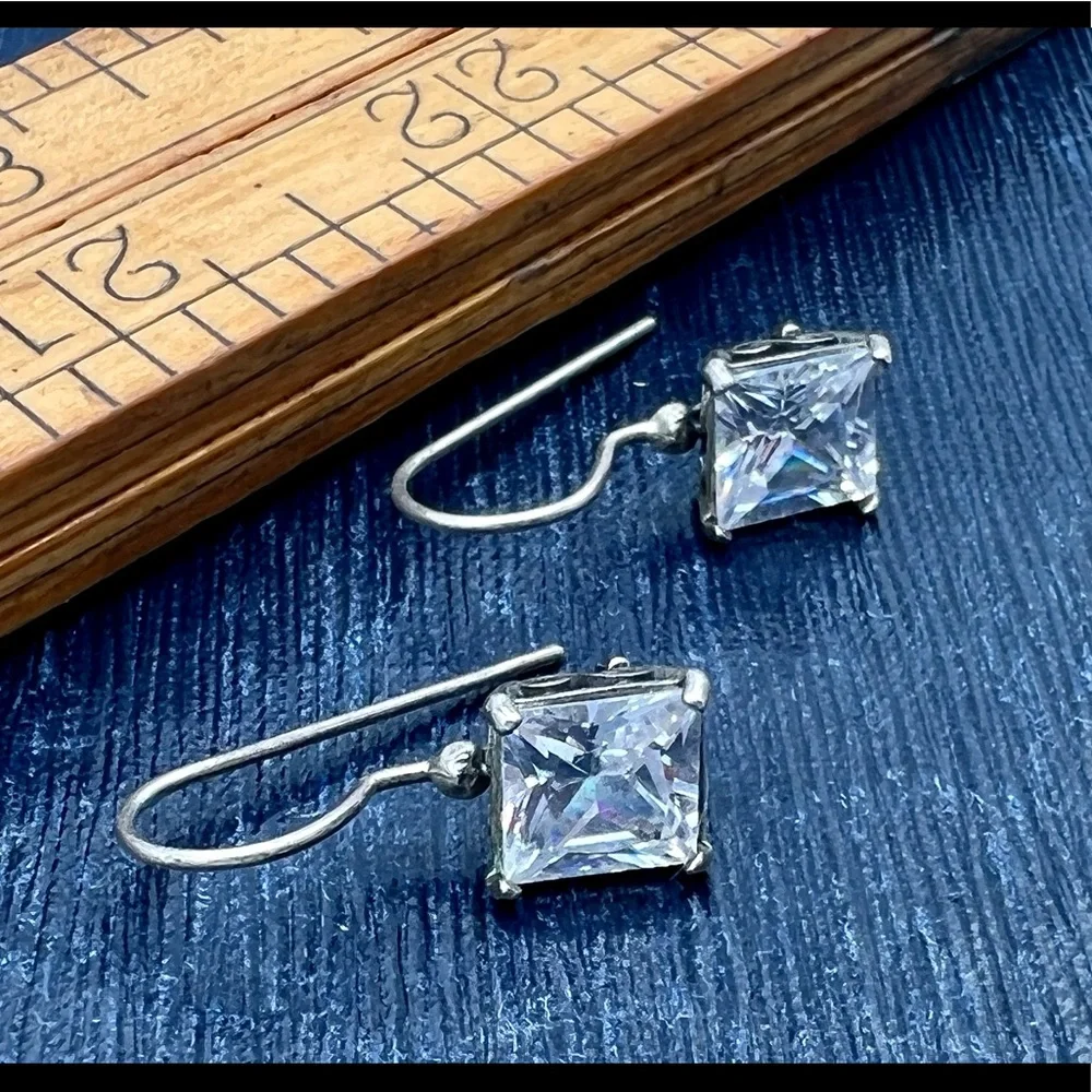 Simple artisan 925 silver shepherds hook rectangular clear rhinestone earrings